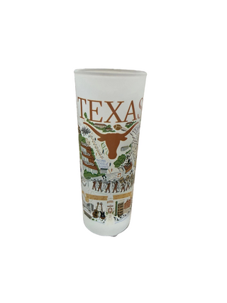 Frosted shot glass with Texas Longhorns logo, campus map, and Austin landmarks