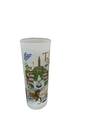 Frosted shot glass with University of Texas landmarks and longhorn illustration