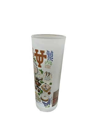 Frosted glass tumbler with University of Texas UT logo, bluebonnets, and campus landmarks