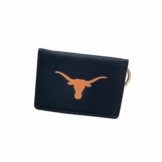 Dark navy leather University of Texas ID holder with burnt orange Longhorn logo and gold keyring