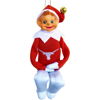 Texas Longhorns red elf ornament with white logo, hat, bell, poseable legs
