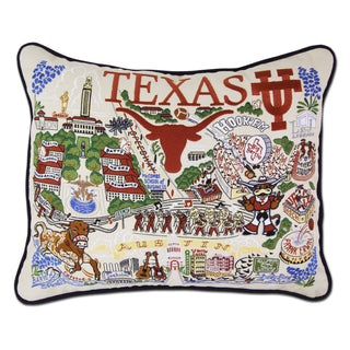 Catstudio University of Texas embroidered pillow featuring campus landmarks, Longhorn mascot, and Austin illustrations