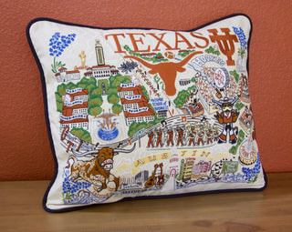 Catstudio University of Texas embroidered pillow featuring Austin landmarks, Longhorn mascot, and campus buildings