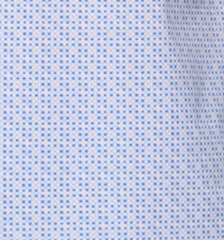 Patterned fabric swatch with blue and pink dots
