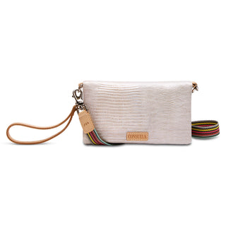 Consuela Uptown Crossbody in Marlow, cream lizard-embossed bag with wristlet and multicolor guitar strap