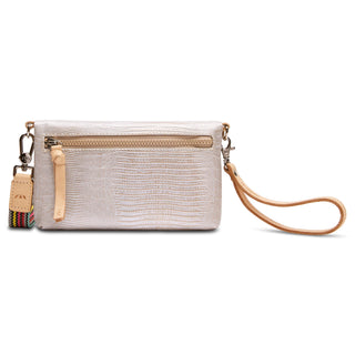 Back view of Consuela Uptown Crossbody in Marlow featuring embossed lizard texture, zip pocket, and leather wristlet strap