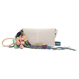 Consuela Uptown Crossbody in Marlow cream snake-embossed leather with colorful boho accessories