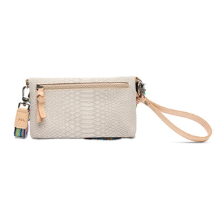 Back view of Consuela Uptown Crossbody in Marlow, cream snake-embossed bag with wrist strap
