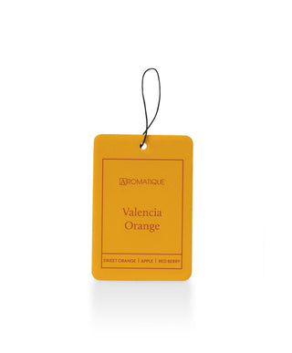 Aromatique Valencia Orange scented aroma card with black string loop on white background