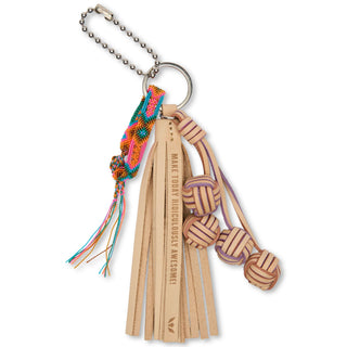 Consuela Vanessa Charm keychain with leather tassel, woven friendship bracelet, and knotted leather balls