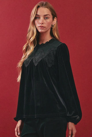 Oddi dark green velvet blouse with lace yoke detail and long sleeves