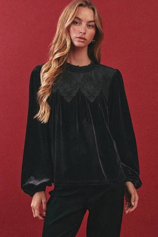Oddi black velvet blouse with lace yoke detail and balloon sleeves