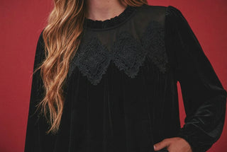 Oddi black velvet blouse with sheer yoke, lace appliqué, and ruffle collar