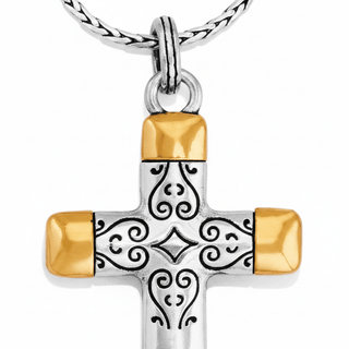 Brighton Venezia Cross necklace mixed silver gold with engraved swirls and heart motifs