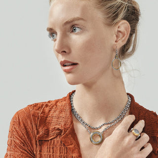Model wearing Brighton Venezia Teardrop French Wire Earrings in silver and gold two-tone finish
