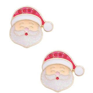 Canvas Santa Claus stud earrings with glitter beard, red rhinestone hat, gold trim