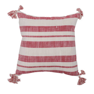 Red and white striped square cotton pillow with decorative tassels at each corner