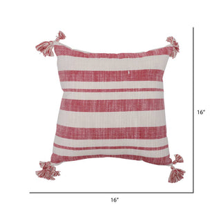 16x16 white cotton pillow with red horizontal stripes and corner tassels