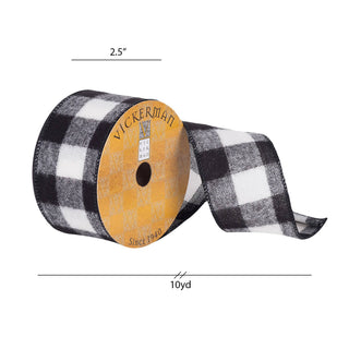 Vickerman black and white buffalo plaid wired ribbon, 2.5 inches wide, 10 yards