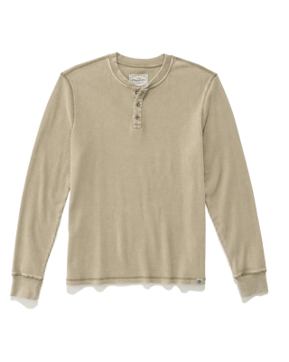 Flag & Anthem long-sleeve waffle knit henley in tan with three-button placket and ribbed cuffs
