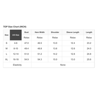 Viola blouse size chart showing relaxed fit measurements for bust and length in inches