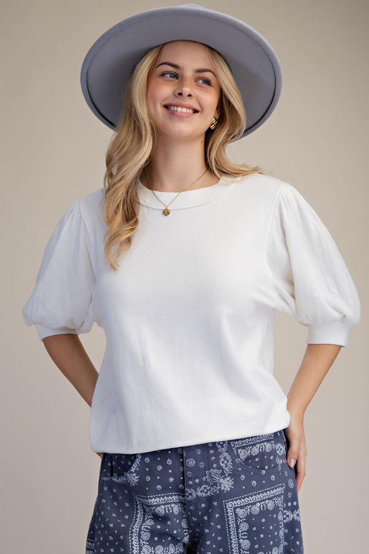 casual white top with puff sleeves