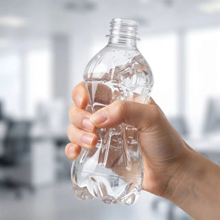 Hand squeezing a clear plastic water bottle squishy toy in office setting