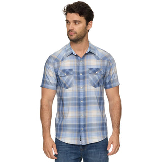 Men's blue beige white plaid western shirt with chest pockets and vintage washed cotton texture