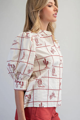 Western Pattern Puff Sleeve Top