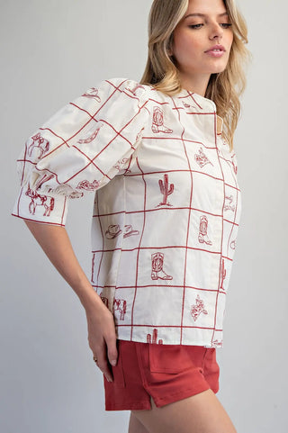 Western Pattern Puff Sleeve Top