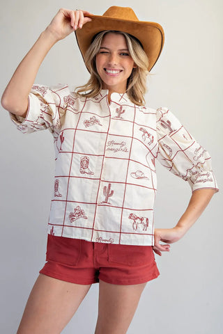 Western Pattern Puff Sleeve Top