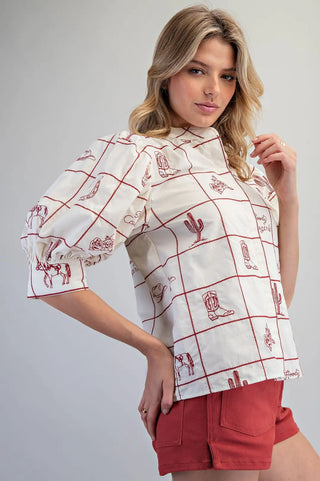 Western Pattern Puff Sleeve Top