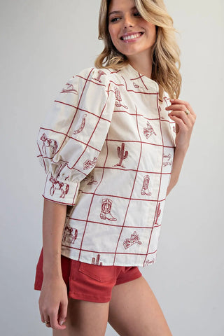 Western Pattern Puff Sleeve Top