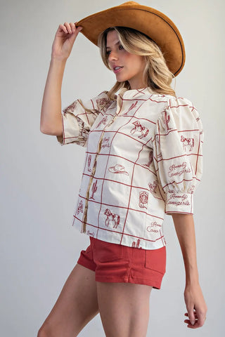 Western Pattern Puff Sleeve Top