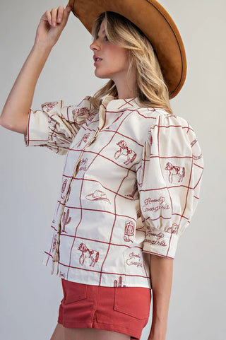 Western Pattern Puff Sleeve Top