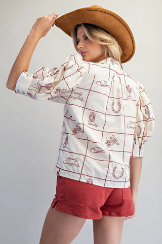 Western Pattern Puff Sleeve Top