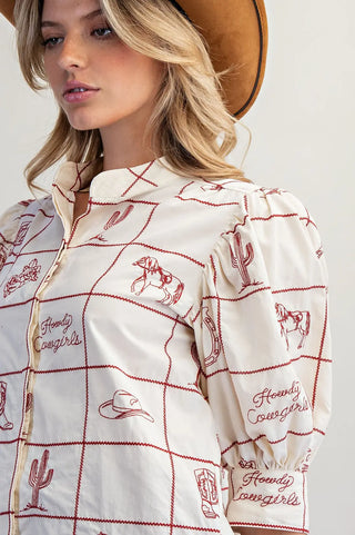 Western Pattern Puff Sleeve Top
