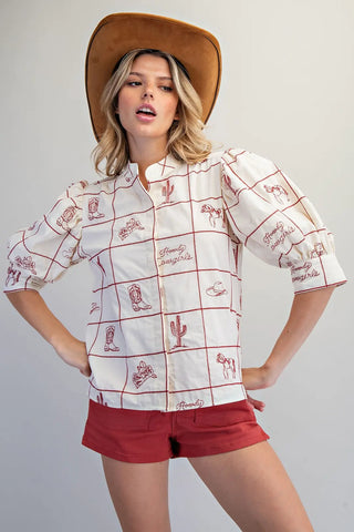 Western Pattern Puff Sleeve Top