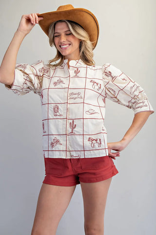 Western Pattern Puff Sleeve Top