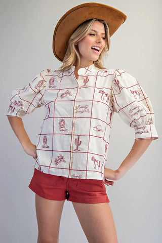 Western Pattern Puff Sleeve Top