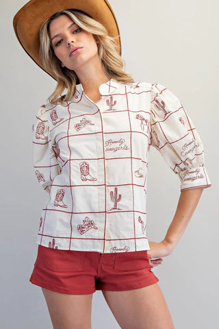 Western Pattern Puff Sleeve Top