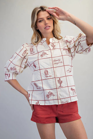 Western Pattern Puff Sleeve Top
