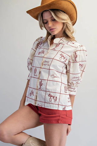 Western Pattern Puff Sleeve Top