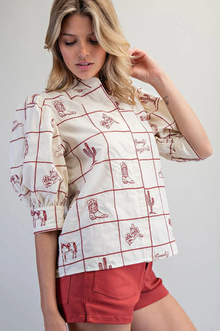 Western Pattern Puff Sleeve Top