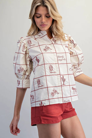 Western Pattern Puff Sleeve Top