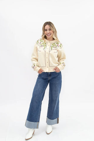 Cream floral embroidered western yoke cardigan with snap buttons and long sleeves