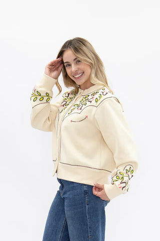 Cream Western Yoke Cardigan with floral embroidery on yoke and cuffs