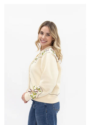 Cream floral embroidered western yoke cardigan with long sleeves and button front