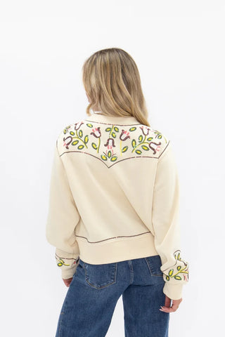 Cream floral embroidered western yoke cardigan with long sleeves, back view