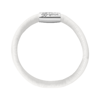 Brighton Woodstock white silicone bracelet with silver logo charm on white background